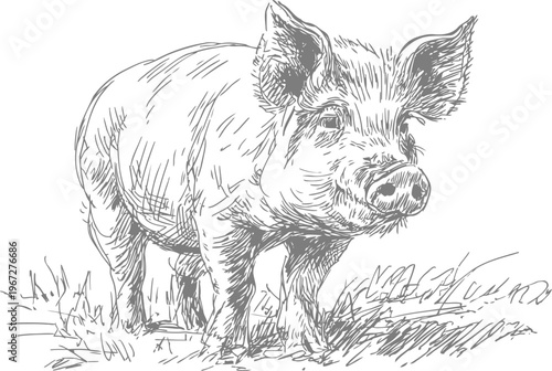 Detailed hand drawn pig standing on grass farm animal sketch ink illustration, countryside livestock concept