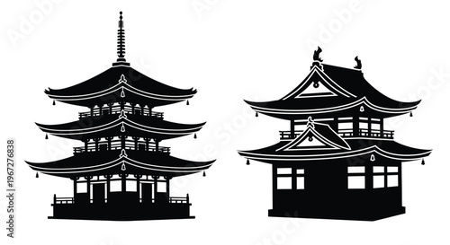 Two japanese pagodas in black ideal for design on transparent background silhouette