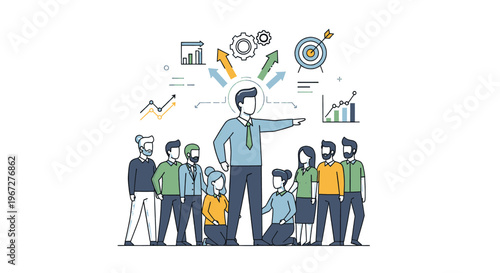 Business leader guiding diverse team towards success with strategic vision.