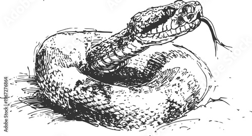 Coiled snake with forked tongue extended reptile illustration in detailed black ink drawing