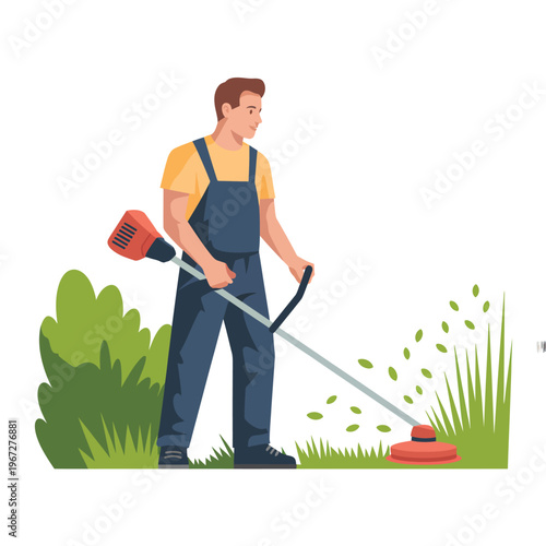 Man using a weed whacker to trim grass in a green landscape