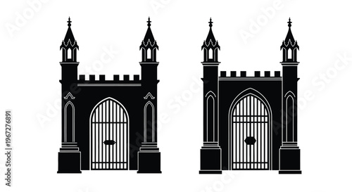 Two gothic castle gates in black ideal for design on transparent background silhouette