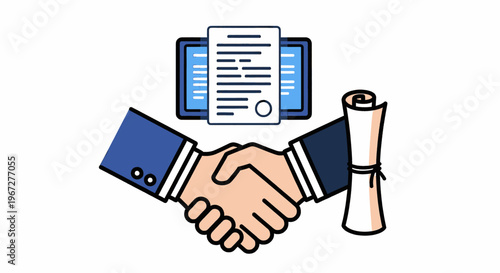 Business Handshake with Digital Contract and Scroll.