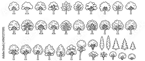 Collection of various tree icons, plant symbols forest foliage elements.