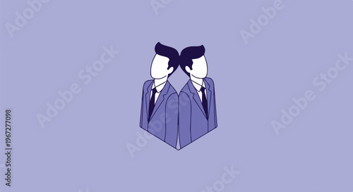 Two businessmen in suits facing each other with mirrored reflection, symbolizing business partnership, teamwork, and collaboration.