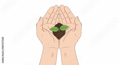 Hands gently holding soil with a small green sprout growing, symbolizing growth, new beginnings, and environmental care.