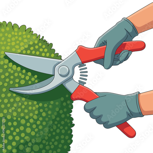 Hands using pruning shears to trim a vibrant green bush outdoors