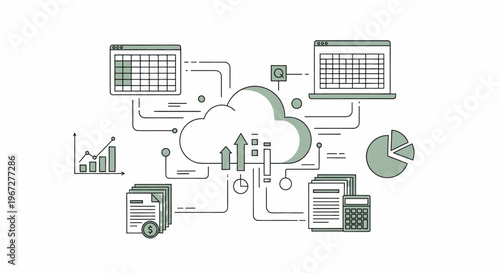Cloud Computing and Data Management Network Illustration.