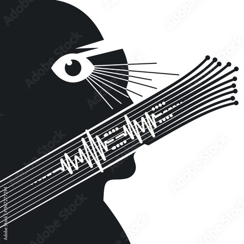 Silhouette of a person with an eye and a guitar neck with sound waves.