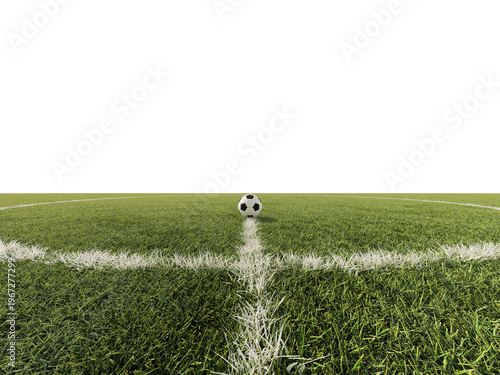 Φωτογραφία Soccer ball on the center mark of a green football pitch with white boundary lines