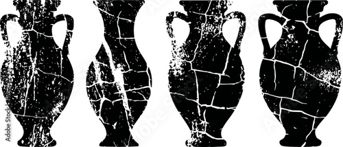 Vintage cracked clay amphorae silhouette set ancient pottery jars with handles in various shapes