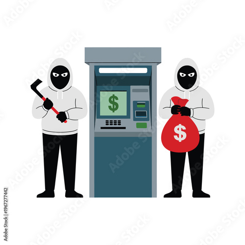 Two hooded figures robbing an atm with a crowbar and money bag