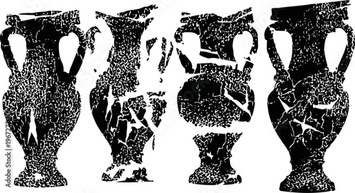 Ancient broken pottery vases with handles, cracked ceramic jars, archaeological artifacts collection