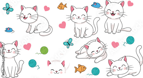 Cute Kawaii Cat Doodle Icon Set Featuring Playful Kittens Yarn Balls Fish and Hearts for Fun Pet Cartoon Design Collection
