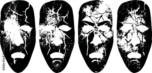 Abstract cracked faces four distressed facial masks in a row with textured weathered surface and broken cracks