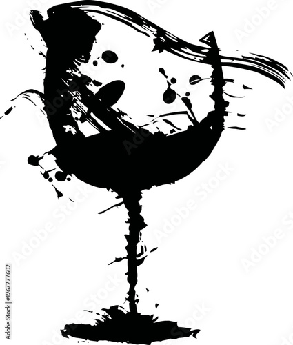 Abstract black ink splash forming a wine glass silhouette on white background