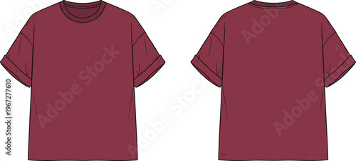 Oversized dropped shoulder T-shirt fashion flat sketch set, maroon technical CAD drawing, streetwear tee, front and back view, apparel illustration.