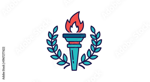 Torch with flame and laurel wreath.