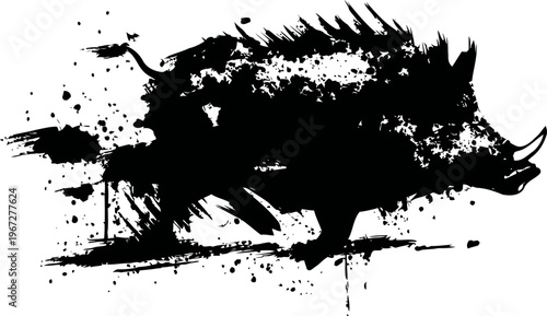 Dynamic black ink illustration of a running wild boar splattered with paint strokes and artistic splashes