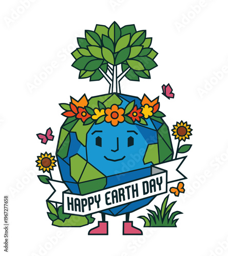 Cute anthropomorphic cartoon earth character wearing a flower crown and carrying a tree on its head celebrating happy earth day with butterflies and sunflowers Earth day T-shirt Design