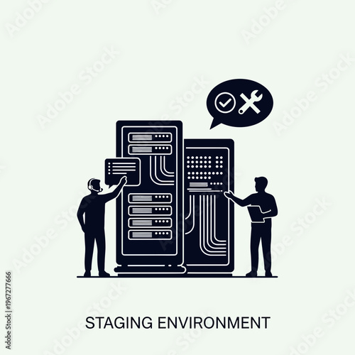 Staging environment illustration depicting server maintenance and IT infrastructure.