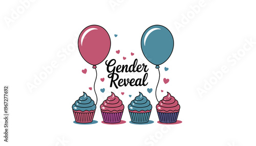 A colorful gender reveal illustration with cupcakes and balloons