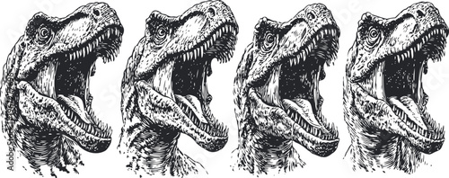 four roaring tyrannosaurus rex heads in vintage black and white engraving style, prehistoric dinosaur illustration
