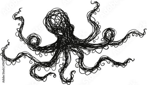 abstract black octopus line art with curled tentacles on white background