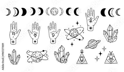 Hand drawn mystical vector elements set black and white doodle astrology icons with moon hands crystals and alchemy symbols