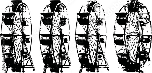 black and white sketches of ferris wheels in various angles and styles, vintage amusement park rides