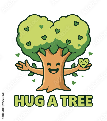 Cute cartoon anthropomorphic tree with smiling face offering a heart and inviting a hug with outstretched arms surrounded by hearts Earth day T-shirt Design