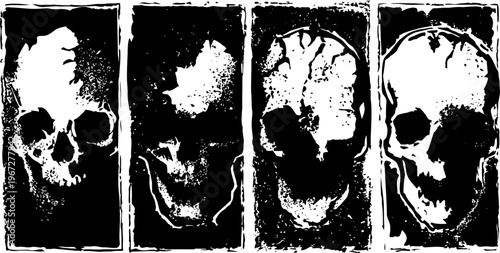 Grunge black and white artistic skull silhouettes in vertical panels with rough edges