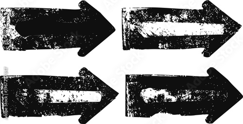 Grunge black and white arrow icons set with distressed texture and rough edges