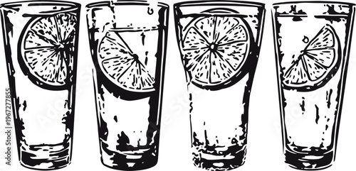 Four tall glasses with lemon slices, refreshing drink set illustration, monochrome vintage