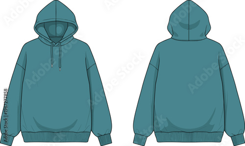 Oversized hoodie fashion flat sketch set, technical CAD drawing of hooded sweatshirt, front and back view, teal blue streetwear vector illustration.