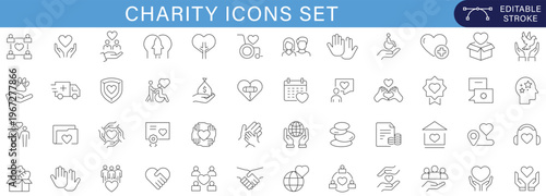 Charity line icons set editable stroke outline donation support humanitarian healthcare volunteer community help symbols nonprofit social care UI UX web vector icon pack collection