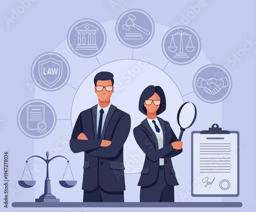 Vector illustration of legal services featuring lawyers (male and female) in a modern flat style. A team of lawyers with legal icons, a gavel, and scales for corporate law and consulting.