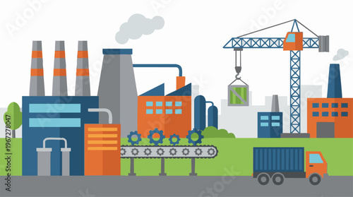 Industrial complex illustration with factory buildings, crane, and truck
