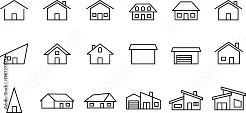House icon set featuring minimalist outline vectors of residential homes, modern villas, real estate property symbols, building architecture, and dwelling illustrations.