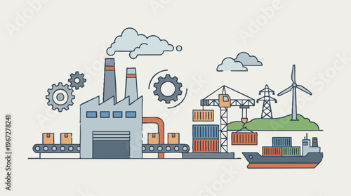 Industrial Production, Global Logistics, and Sustainable Energy Illustration
