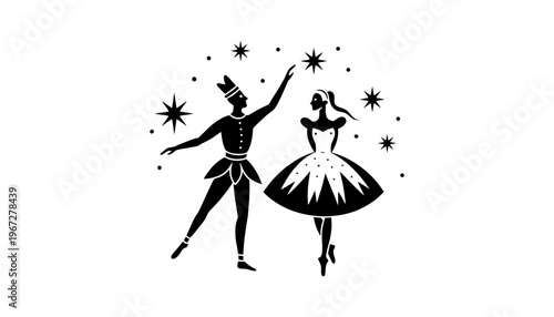 A ballet couple in a black silhouette illustration with stars