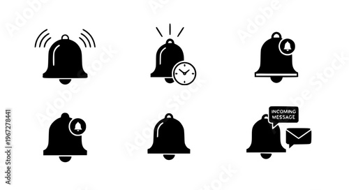 Notification bell icon vector set alarm ringing reminder EPS10 isolated on white