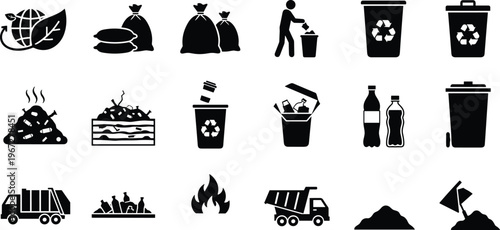 Vector Icon Set of Waste Management and Recycling Featuring Garbage Trucks, Recycle Bins, Trash Bags, Landfills, Pollution Control, and Ecology Symbols