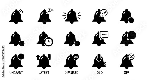 Stylized notification bell vector icon set ringing alarm EPS10 isolated on white