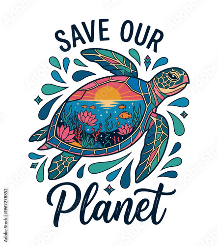 Stylized sea turtle illustration carrying a vibrant ocean landscape and sunset within its shell emphasizing the importance of saving our planet and oceans Earth day T-shirt Design