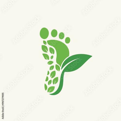 Green leafy footprint logo on a beige background, symbolizing eco-friendliness and sustainability.