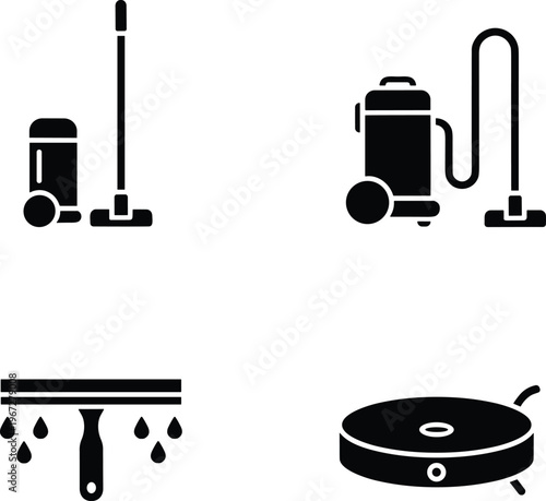 Set of House Cleaning Equipment Icons Featuring Vacuum Cleaner, Robot Vacuum, Squeegee, and Professional Floor Scrubber for Domestic Maintenance Services