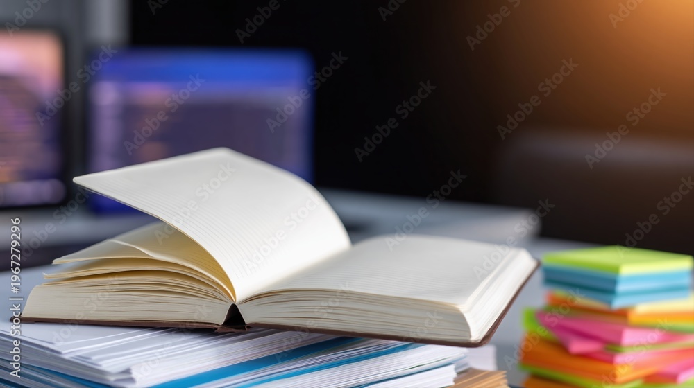 Naklejka premium Open Blank Notebook on Stack of Papers with Sticky Notes and Blurred Computer Background