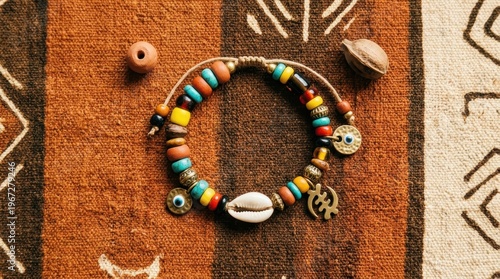 Colorful beaded bracelet with cowrie shell evil eye and Adinkra symbol resting on a brown ethnic patterned textile