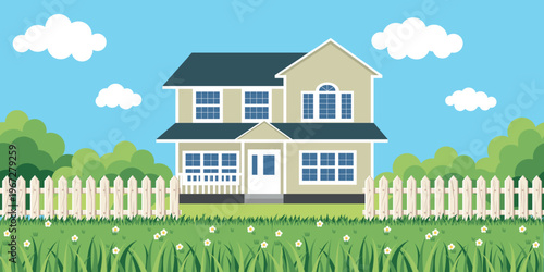 .A landscape background with a house behind a wooden fence, grass under the fence, and grass in the foreground. Seamless horizontal pattern. Vector illustration.